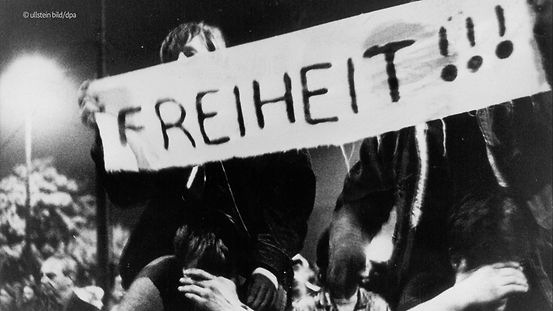 Demonstrant mit Plakat, auf dem "Freiheit!" steht